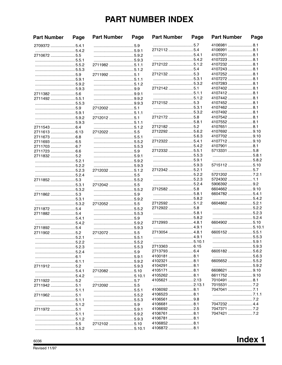 Part number index, Index 1 part number index, Part number page part number page | SkyTrak 6036 Parts Manual User Manual | Page 283 / 300