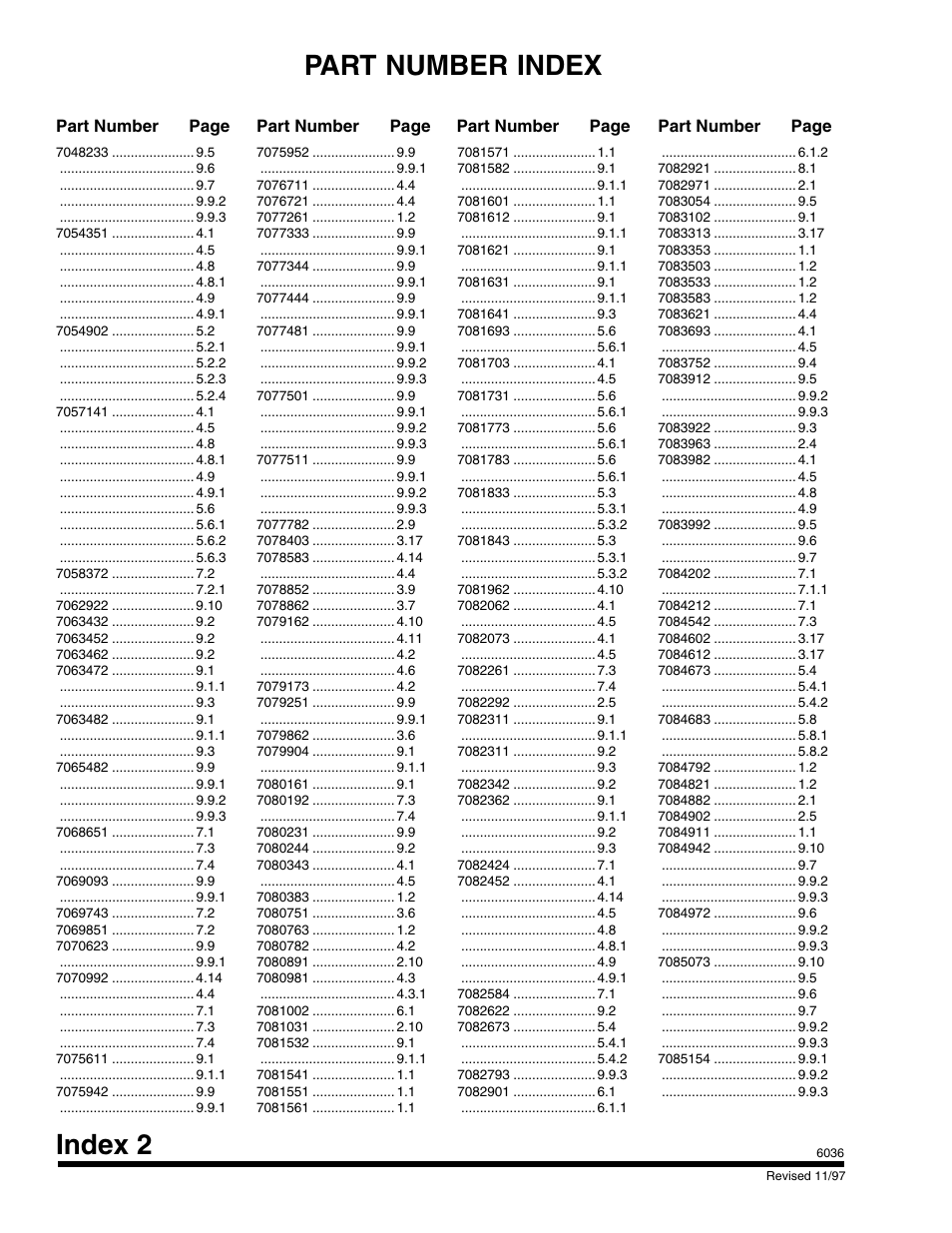 Index 2, Part number index, Part number page | Part number page part number page part number page | SkyTrak 6036 Parts Manual User Manual | Page 284 / 300