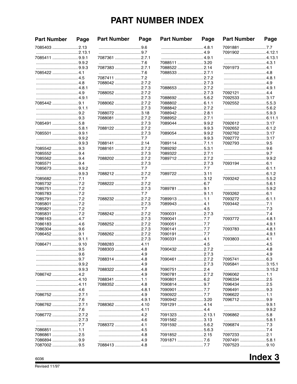 Index 3 part number index, Part number page part number page | SkyTrak 6036 Parts Manual User Manual | Page 285 / 300