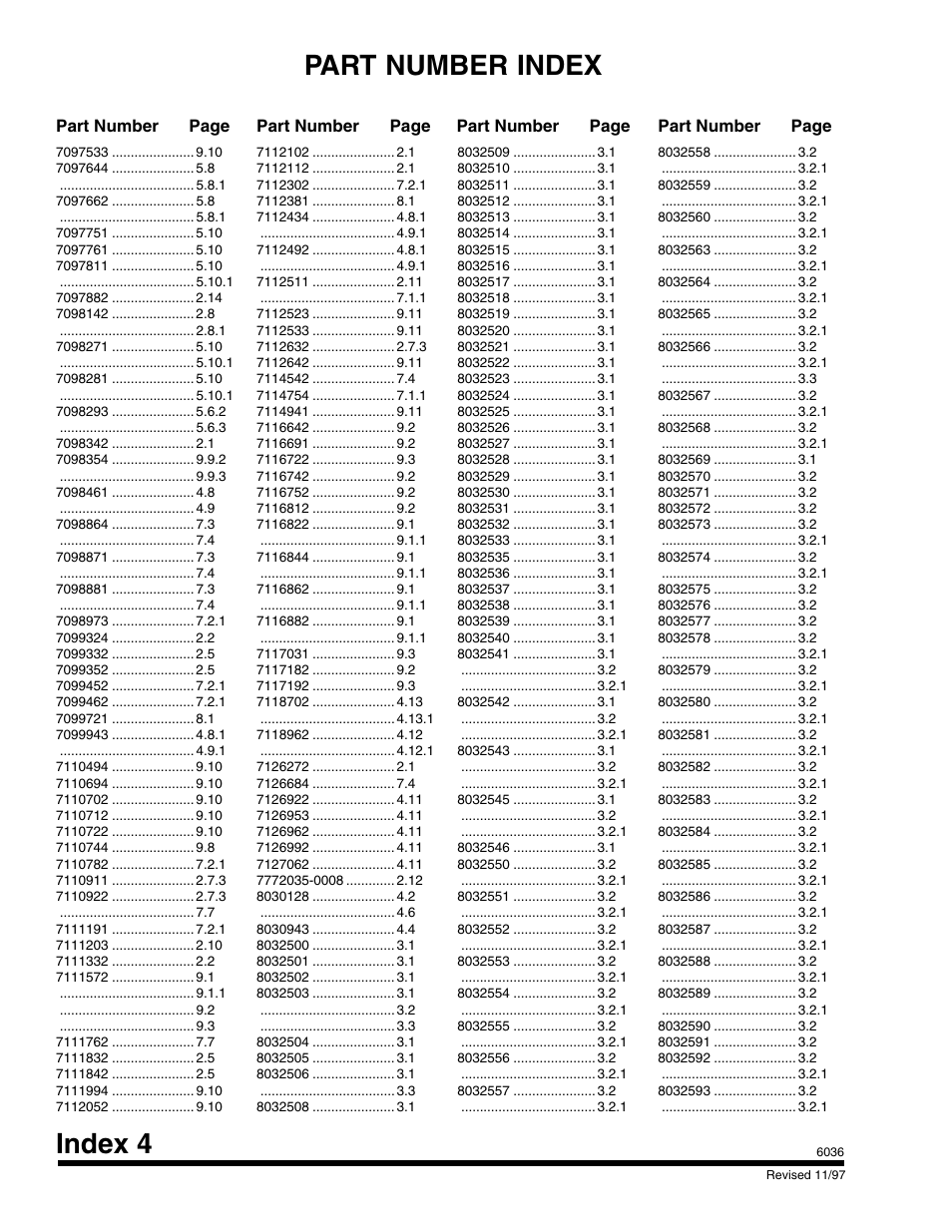 Index 4, Part number index, Part number page | Part number page part number page part number page | SkyTrak 6036 Parts Manual User Manual | Page 286 / 300