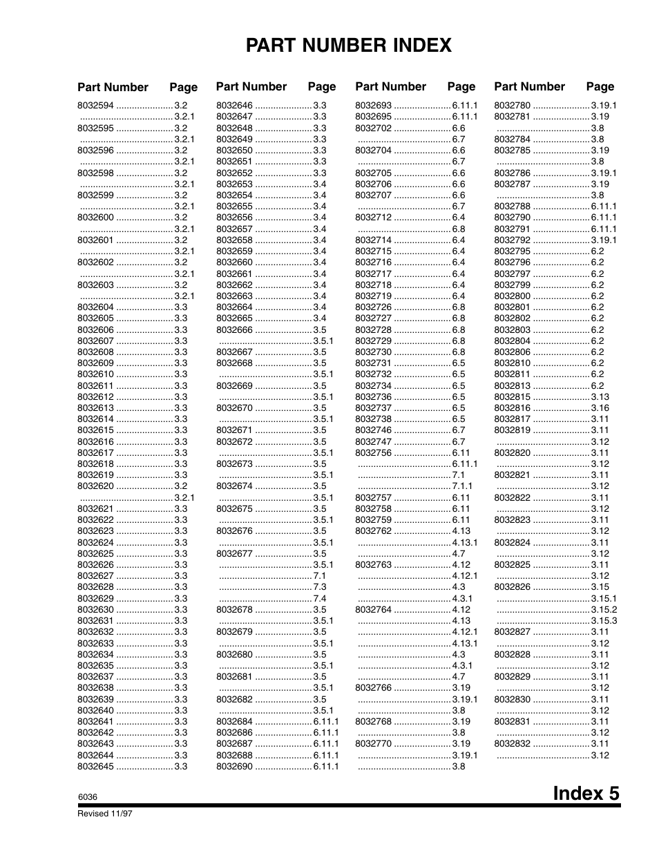 Index 5 part number index, Part number page part number page | SkyTrak 6036 Parts Manual User Manual | Page 287 / 300