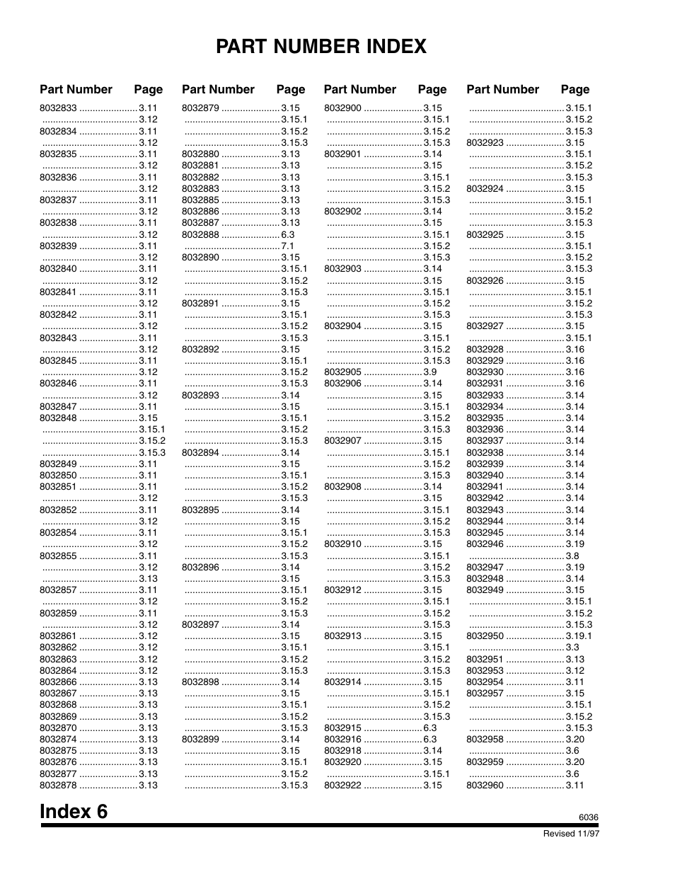 Index 6, Part number index, Part number page | Part number page part number page part number page | SkyTrak 6036 Parts Manual User Manual | Page 288 / 300