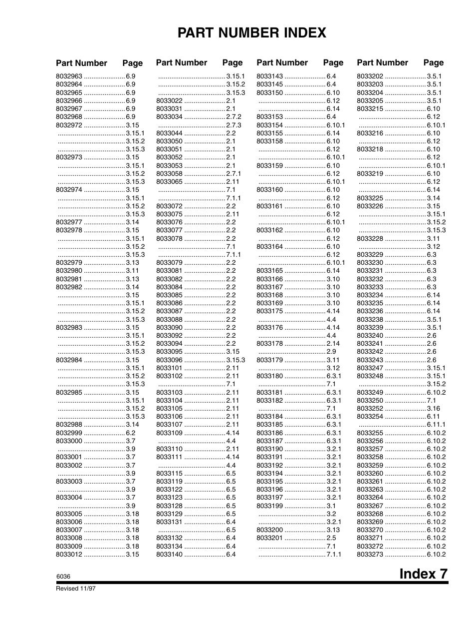 Index 7 part number index | SkyTrak 6036 Parts Manual User Manual | Page 289 / 300