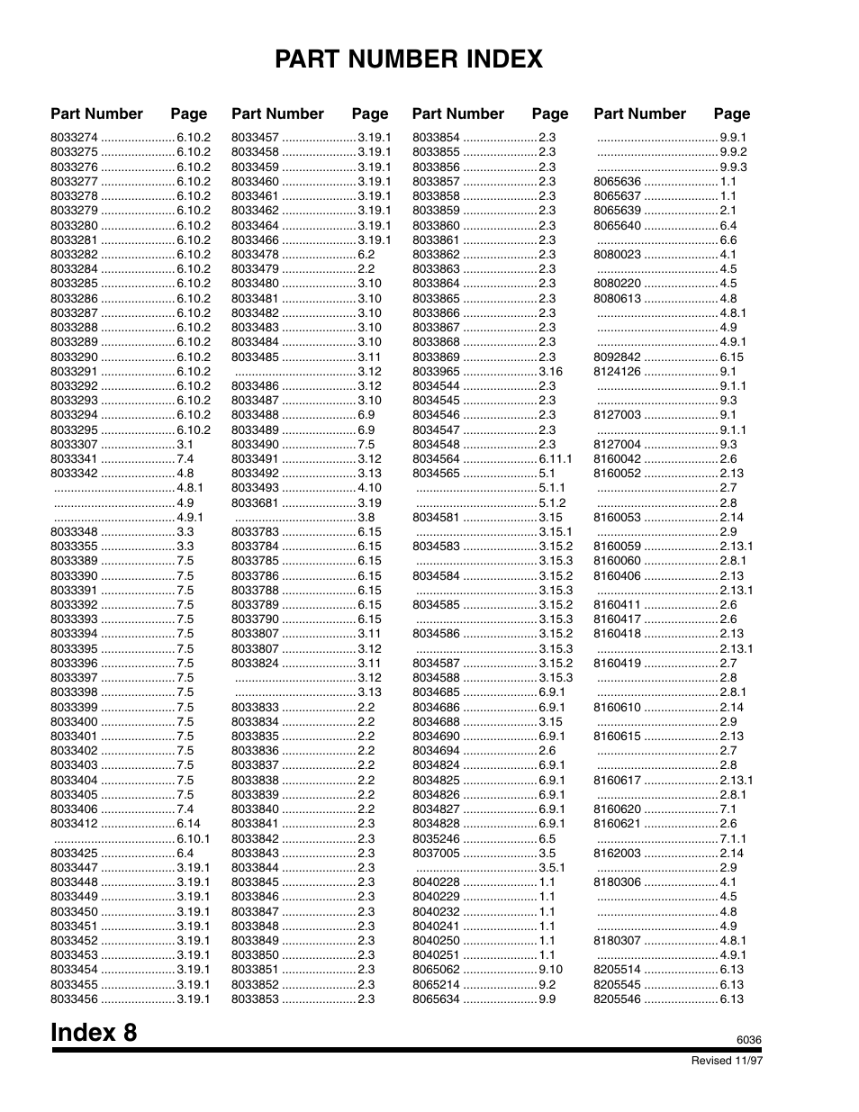 Index 8, Part number index | SkyTrak 6036 Parts Manual User Manual | Page 290 / 300