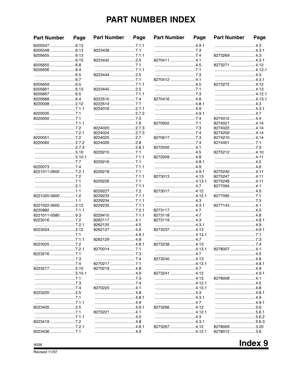 Index 9 part number index, Part number page part number page | SkyTrak 6036 Parts Manual User Manual | Page 291 / 300