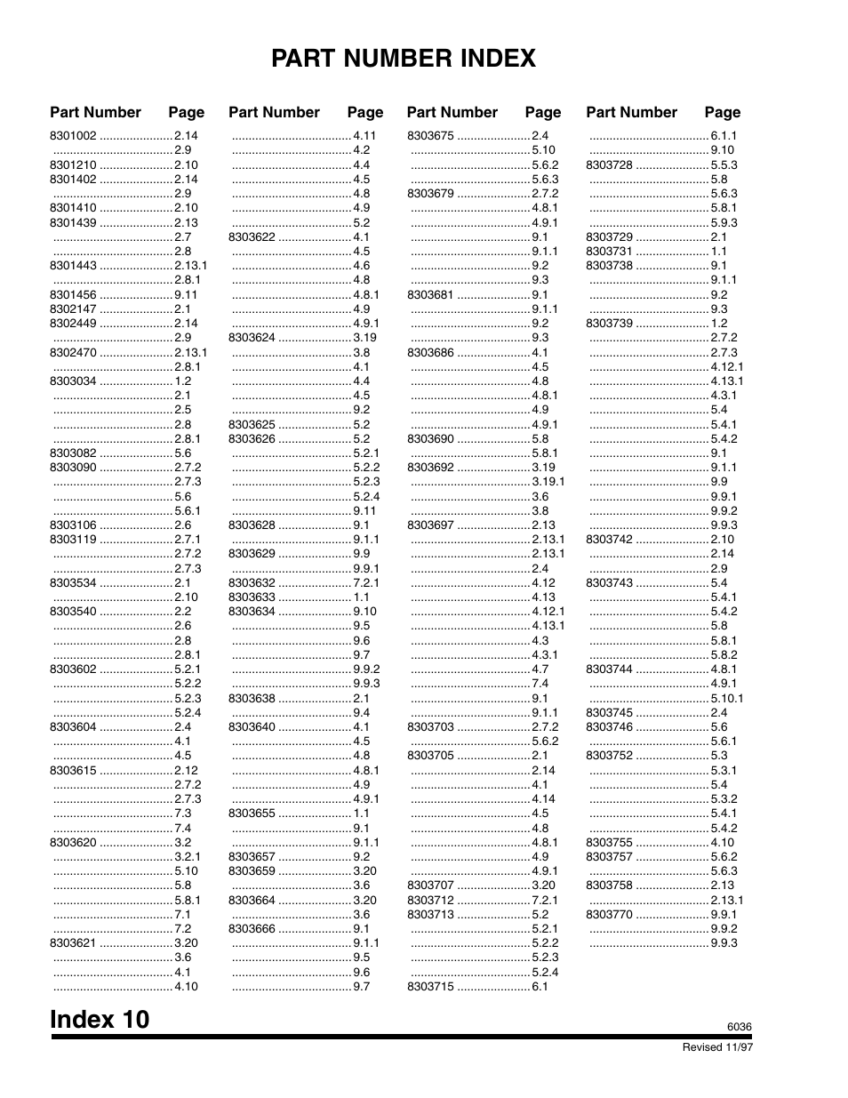 Index 10, Part number index, Part number page | Part number page part number page part number page | SkyTrak 6036 Parts Manual User Manual | Page 292 / 300