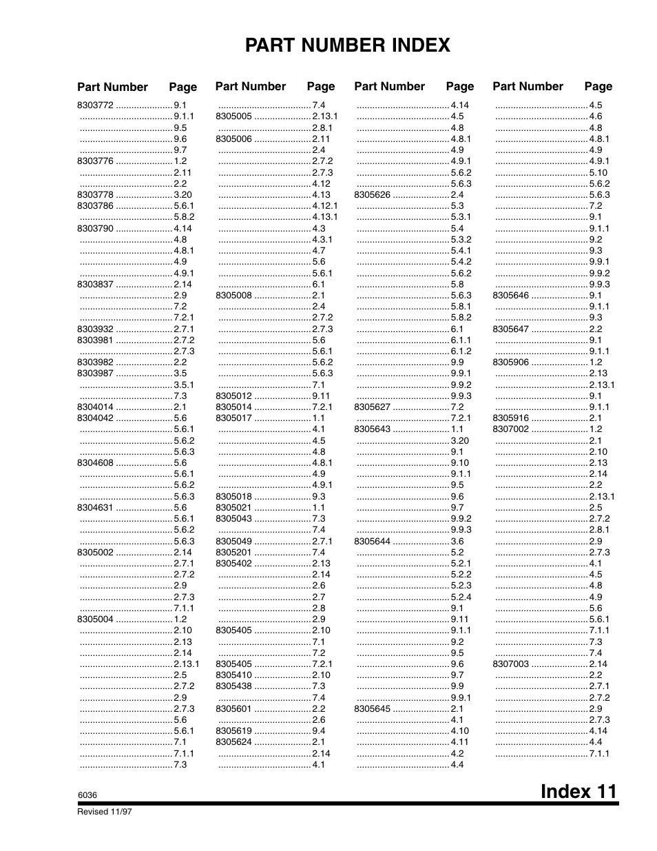 Index 11 part number index | SkyTrak 6036 Parts Manual User Manual | Page 293 / 300