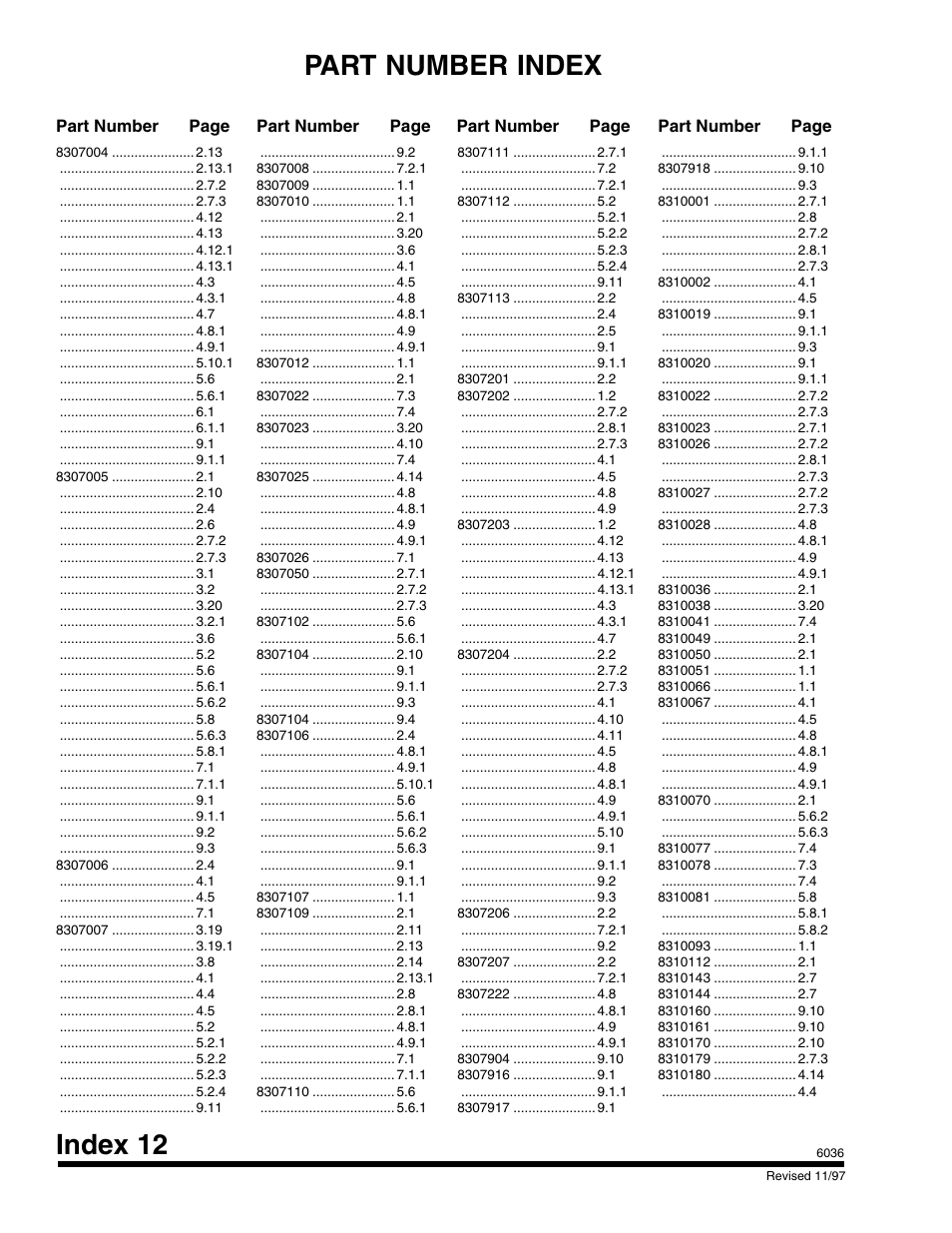 Index 12, Part number index | SkyTrak 6036 Parts Manual User Manual | Page 294 / 300