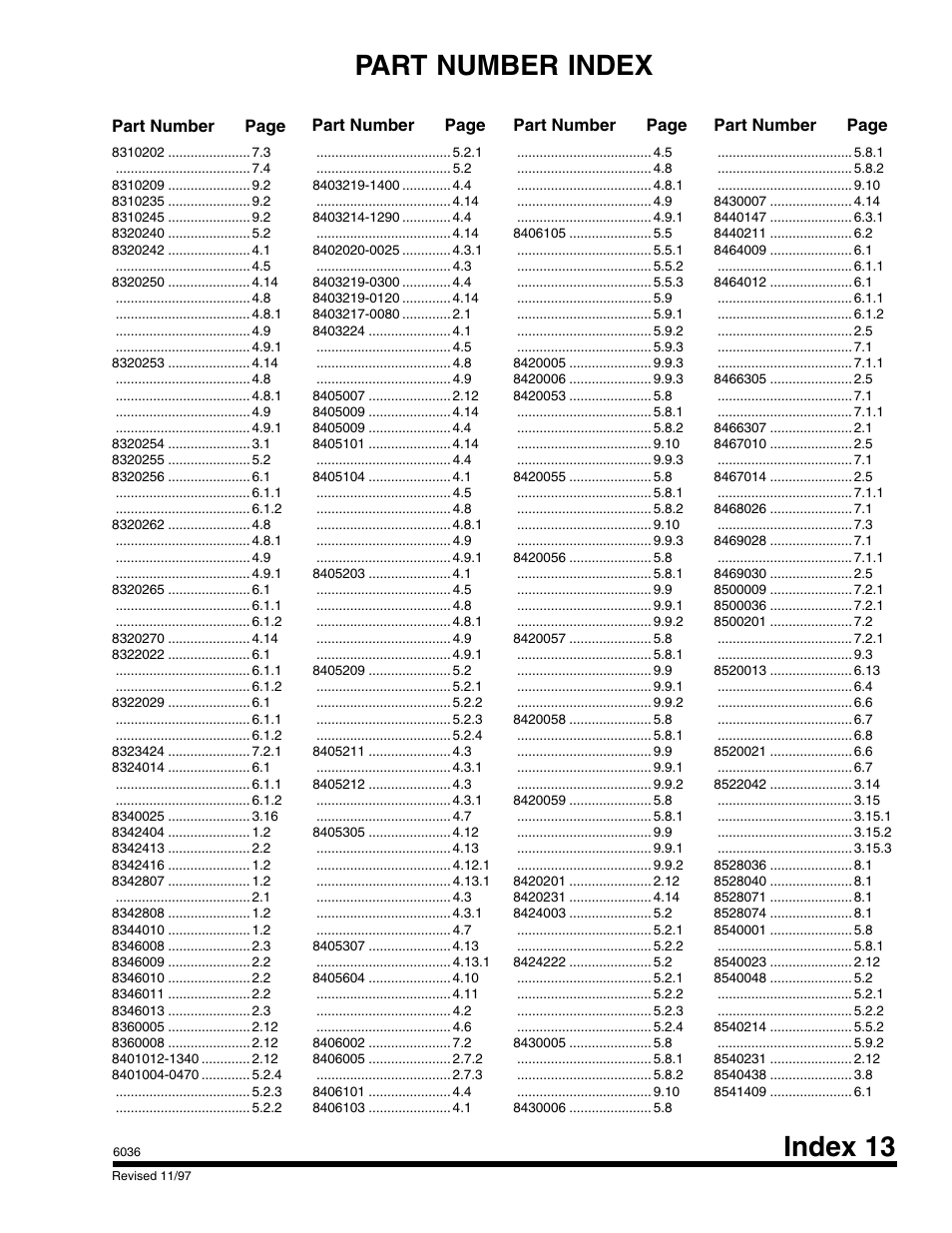 Index 13 part number index, Part number page part number page | SkyTrak 6036 Parts Manual User Manual | Page 295 / 300