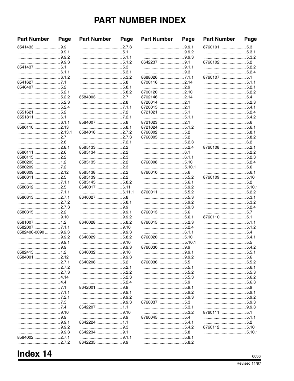 Index 14, Part number index, Part number page | Part number page part number page part number page | SkyTrak 6036 Parts Manual User Manual | Page 296 / 300