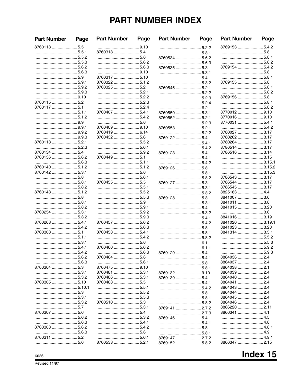 Index 15 part number index, Part number page part number page | SkyTrak 6036 Parts Manual User Manual | Page 297 / 300