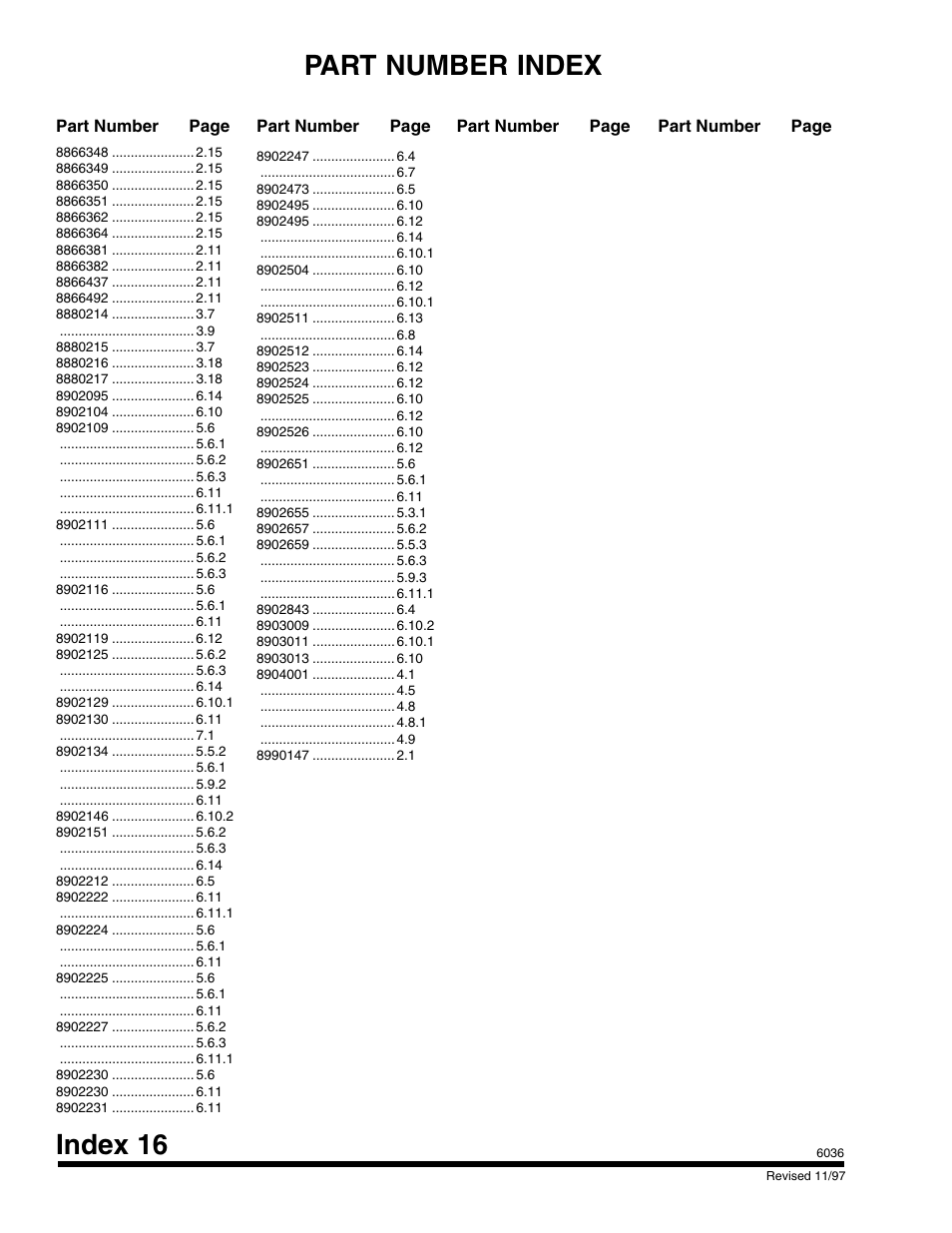 Index 16, Part number index | SkyTrak 6036 Parts Manual User Manual | Page 298 / 300