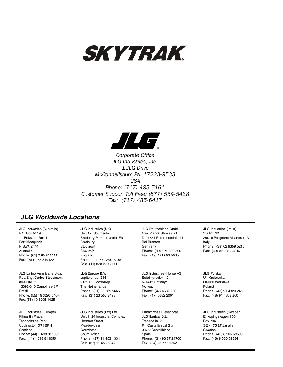 Jlg worldwide locations | SkyTrak 6036 Parts Manual User Manual | Page 300 / 300