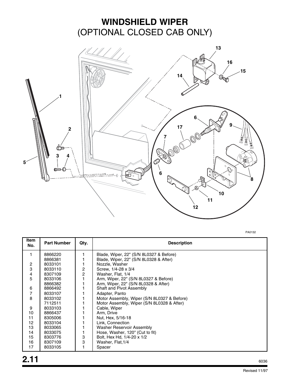 11 windshield wiper (optional closed cab only) | SkyTrak 6036 Parts Manual User Manual | Page 42 / 300