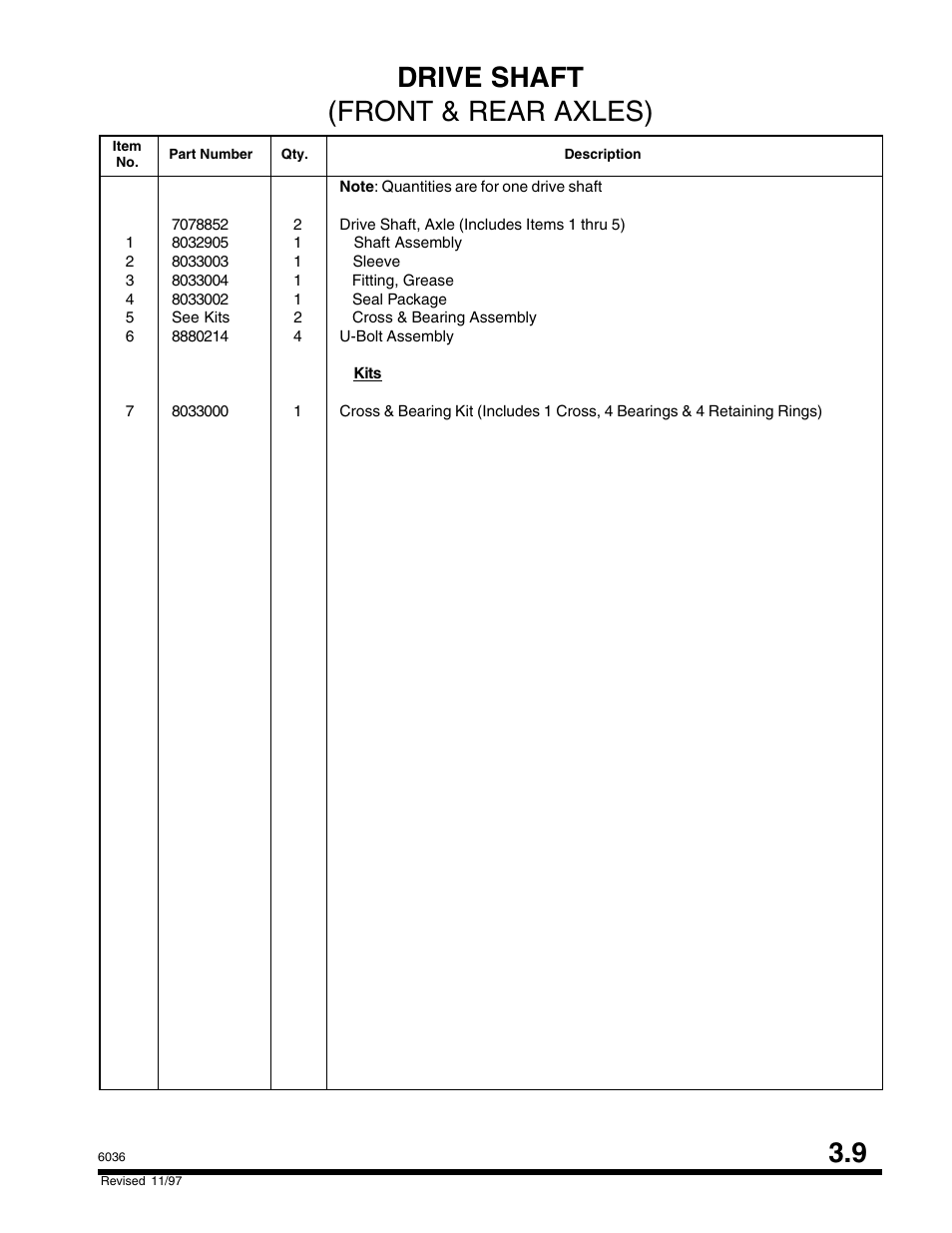 Drive shaft (front & rear axles) | SkyTrak 6036 Parts Manual User Manual | Page 71 / 300