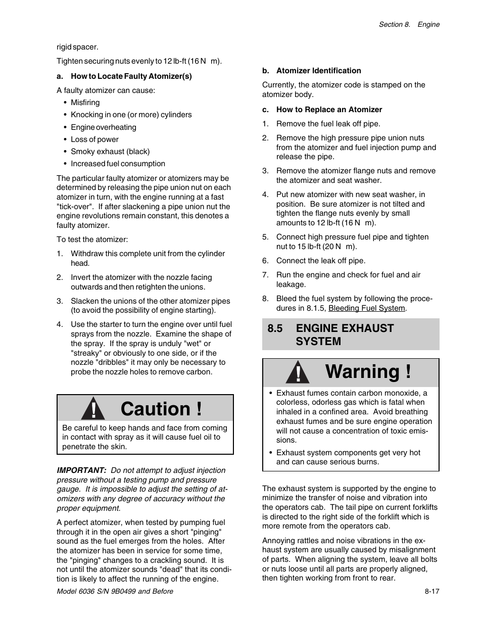 Caution, Warning, 5 engine exhaust system | SkyTrak 6036 Service Manual User Manual | Page 103 / 280
