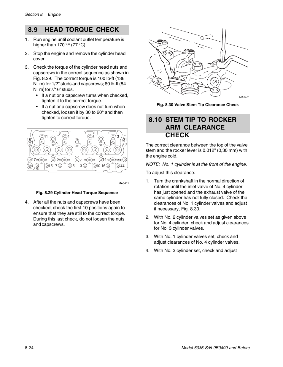 9 head torque check, 10 stem tip to rocker arm clearance check | SkyTrak 6036 Service Manual User Manual | Page 110 / 280