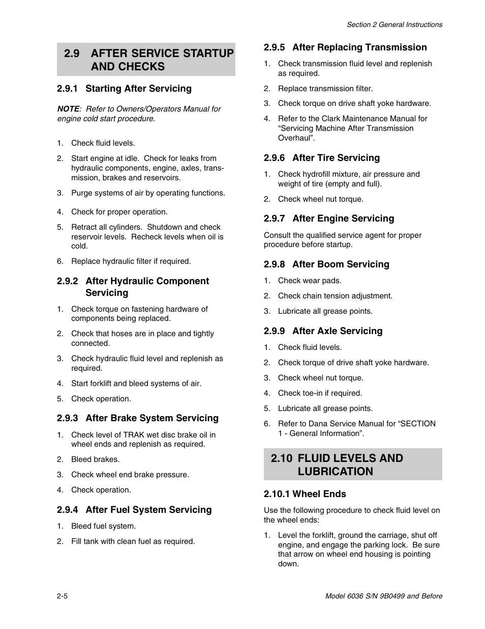 10 fluid levels and lubrication, 9 after service startup and checks | SkyTrak 6036 Service Manual User Manual | Page 16 / 280