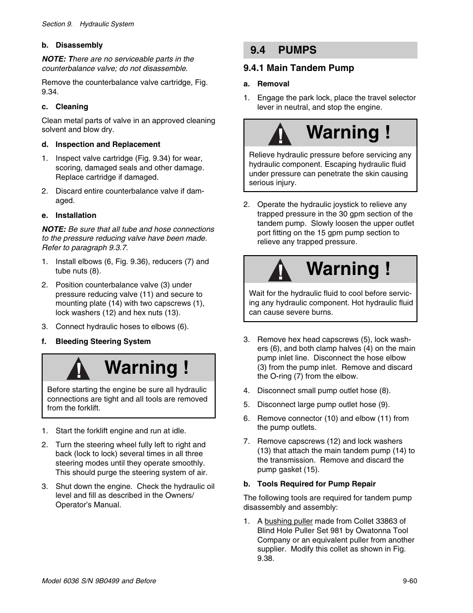 Warning, 4 pumps | SkyTrak 6036 Service Manual User Manual | Page 173 / 280