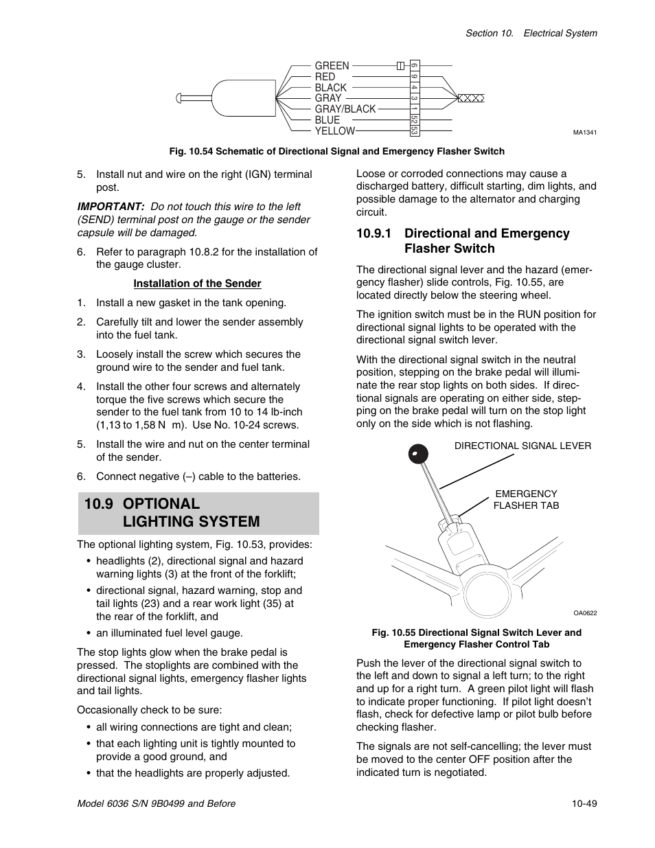 9 optional lighting system, 1 directional and emergency flasher switch | SkyTrak 6036 Service Manual User Manual | Page 243 / 280