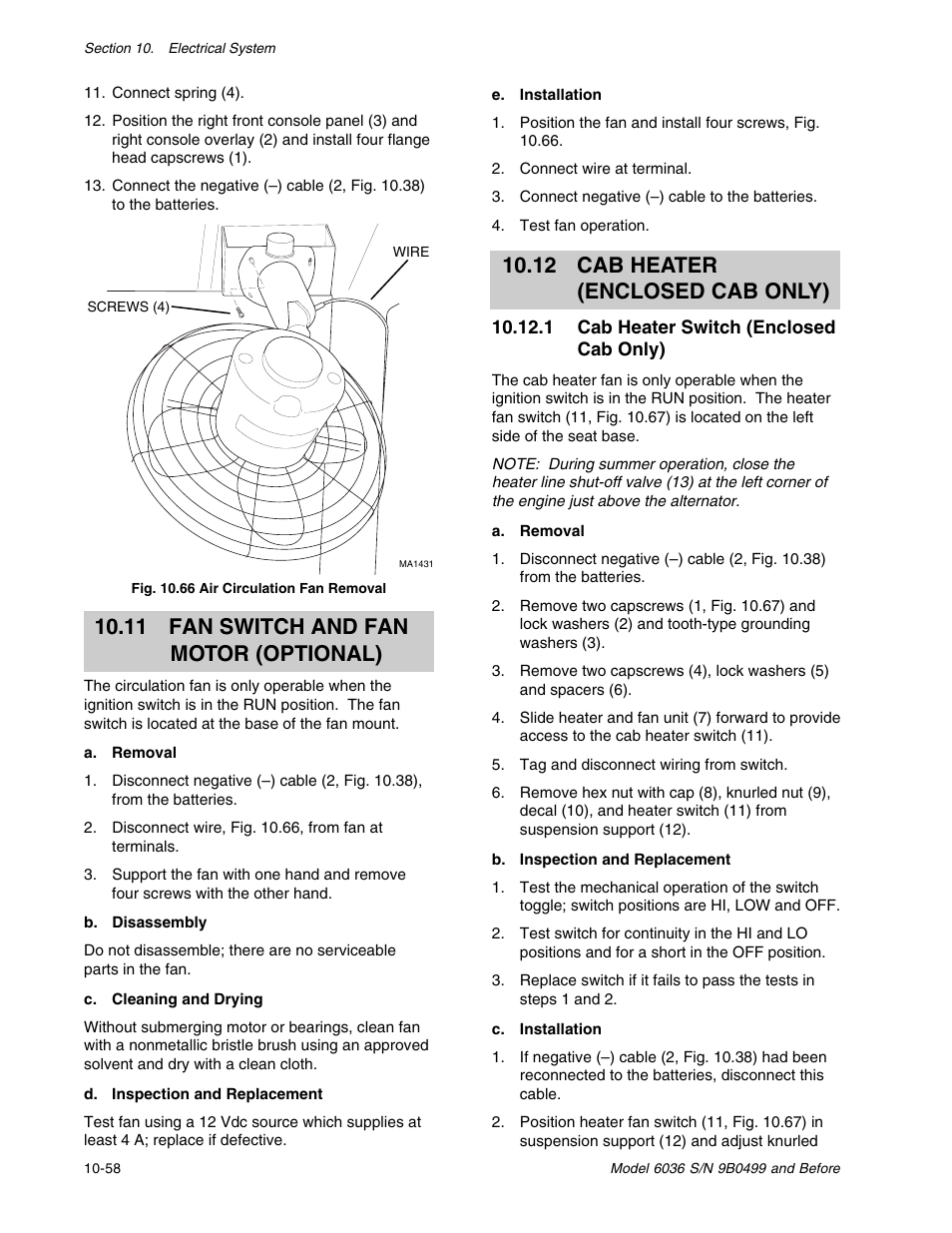 12 cab heater (enclosed cab only), 11 fan switch and fan motor (optional) | SkyTrak 6036 Service Manual User Manual | Page 252 / 280