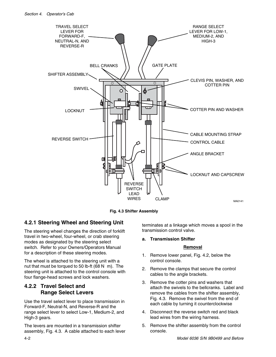 1 steering wheel and steering unit, 2 travel select and range select levers | SkyTrak 6036 Service Manual User Manual | Page 38 / 280
