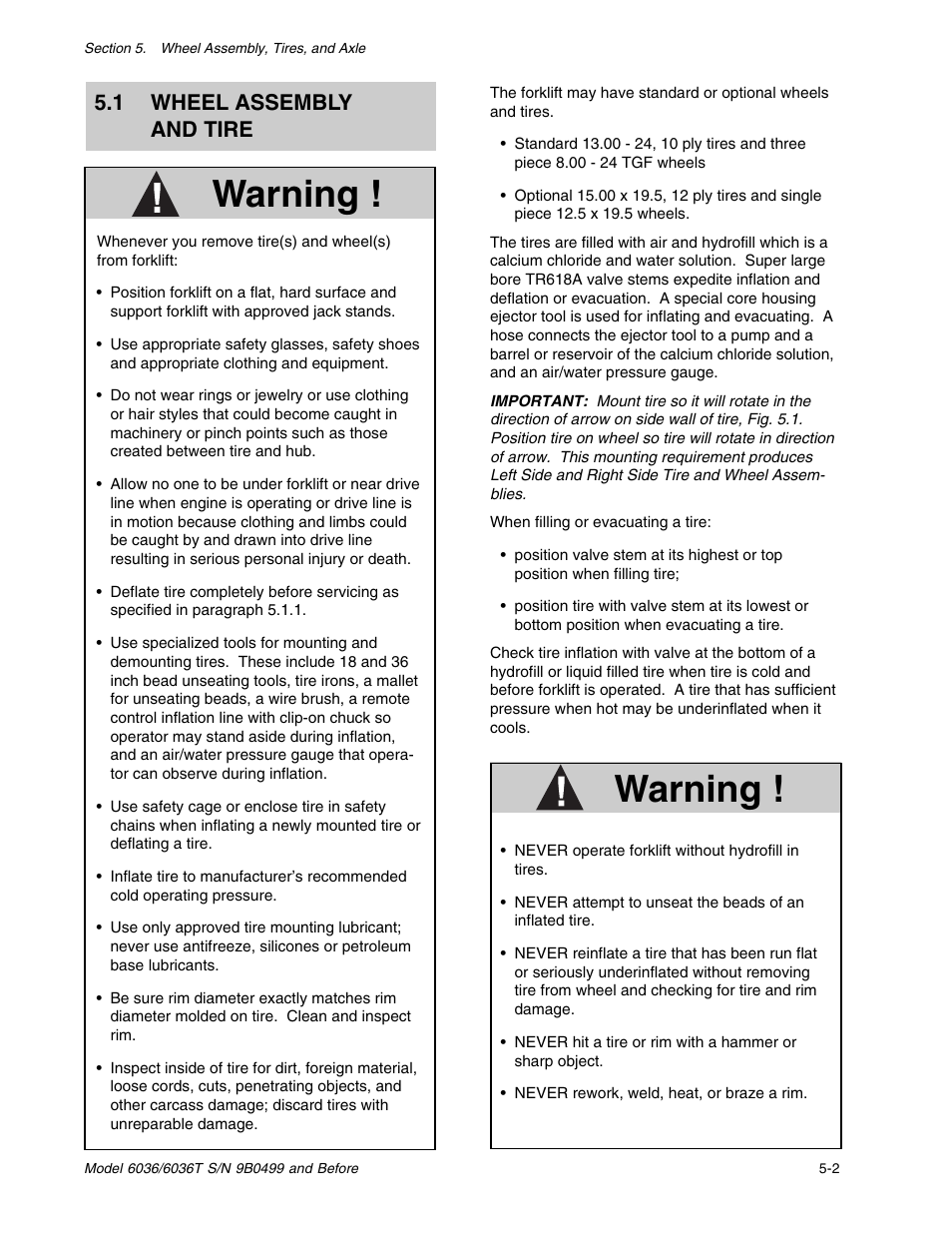 Warning, 1 wheel assembly and tire | SkyTrak 6036 Service Manual User Manual | Page 47 / 280