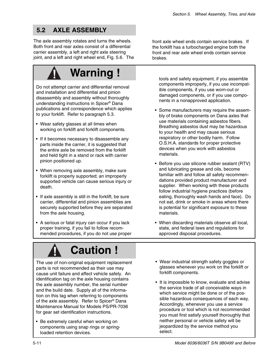 Caution, Warning, 2 axle assembly | SkyTrak 6036 Service Manual User Manual | Page 56 / 280