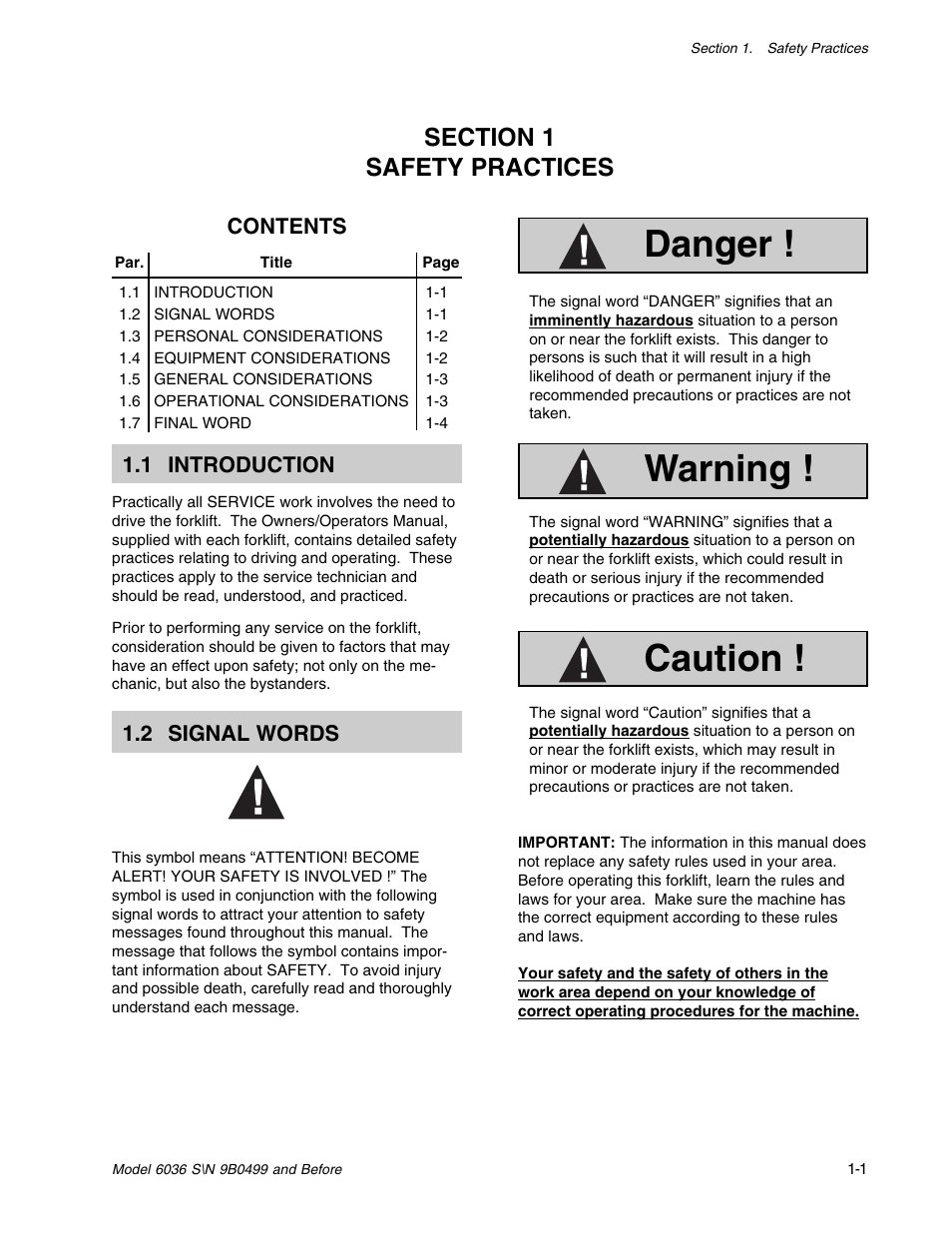 Section 1 safety practices, Warning, Caution | Danger | SkyTrak 6036 Service Manual User Manual | Page 7 / 280