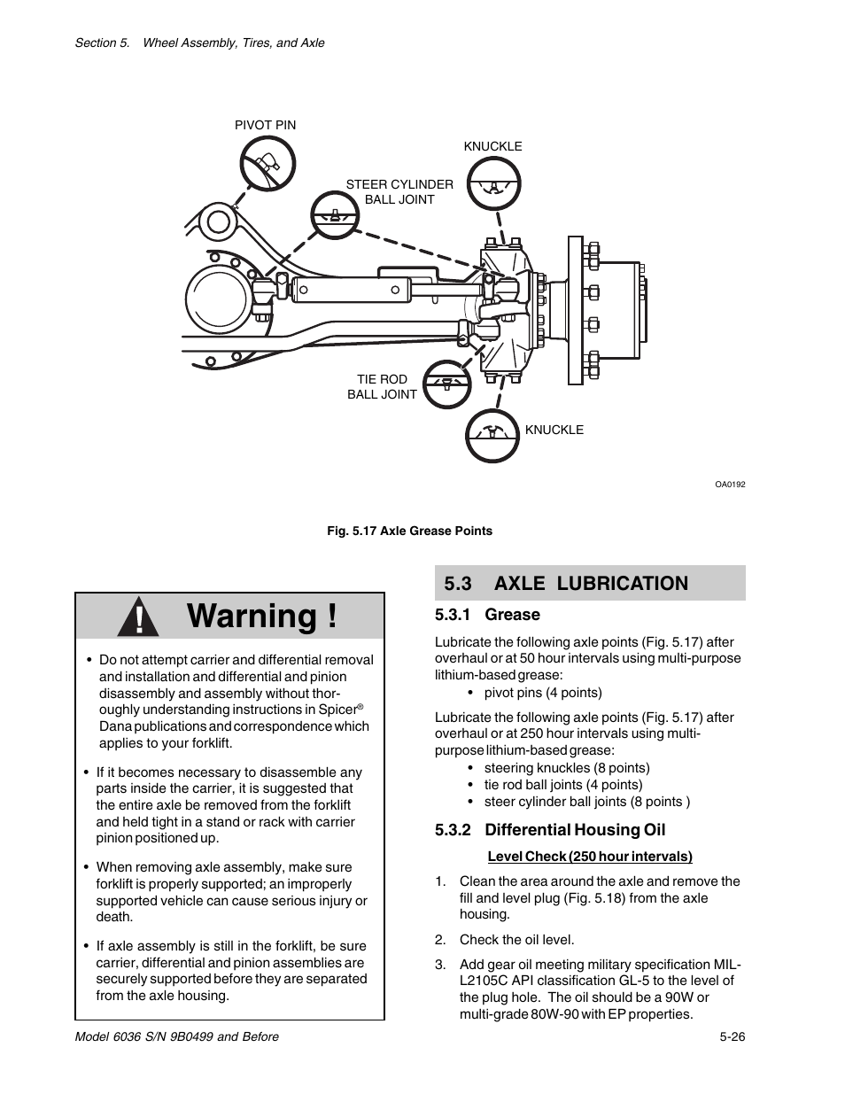 Warning, 3 axle lubrication | SkyTrak 6036 Service Manual User Manual | Page 71 / 280