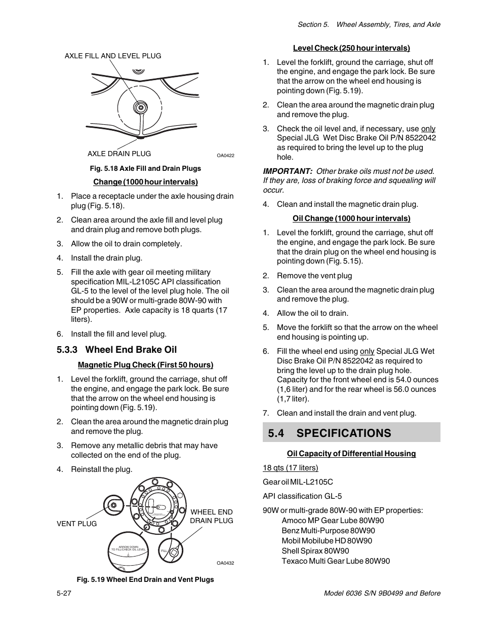 4 specifications, 3 wheel end brake oil | SkyTrak 6036 Service Manual User Manual | Page 72 / 280