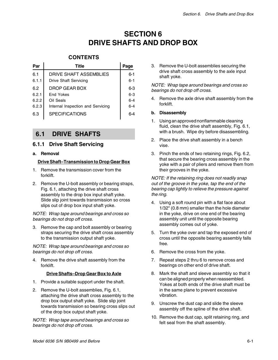 Section 6 drive shafts & drop box, 1 drive shafts | SkyTrak 6036 Service Manual User Manual | Page 75 / 280