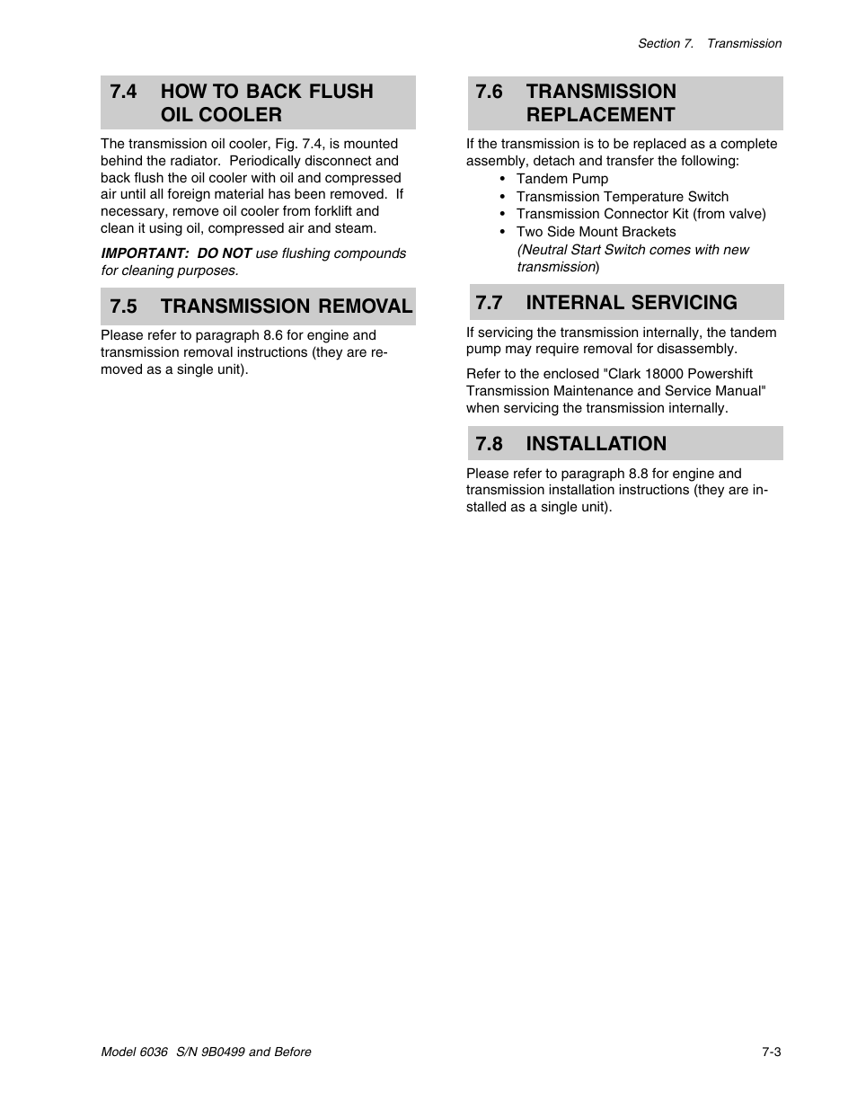 4 how to back flush oil cooler, 5 transmission removal, 6 transmission replacement | 7 internal servicing, 8 installation | SkyTrak 6036 Service Manual User Manual | Page 83 / 280