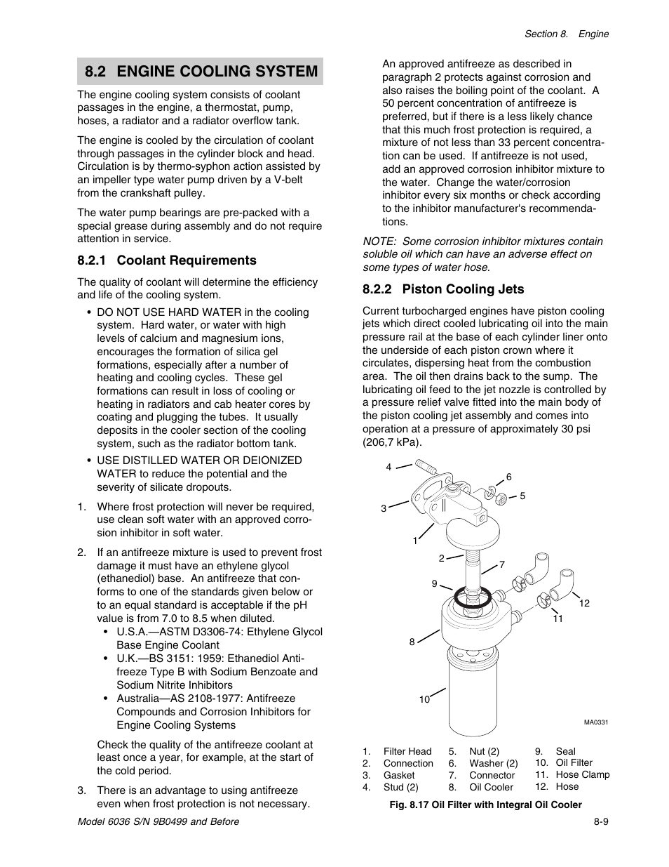 2 engine cooling system, 2 piston cooling jets, 1 coolant requirements | SkyTrak 6036 Service Manual User Manual | Page 95 / 280