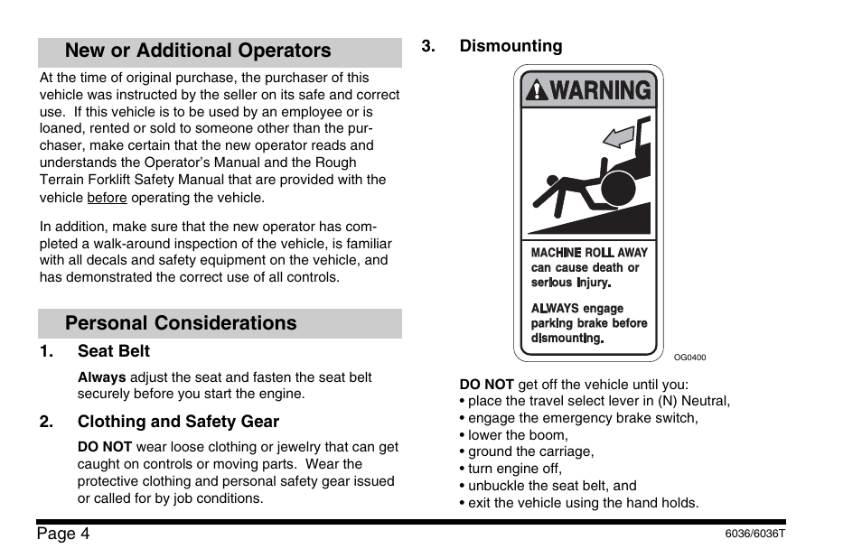 New or additional operators, Personal considerations | SkyTrak 6036 Operation Manual User Manual | Page 10 / 110