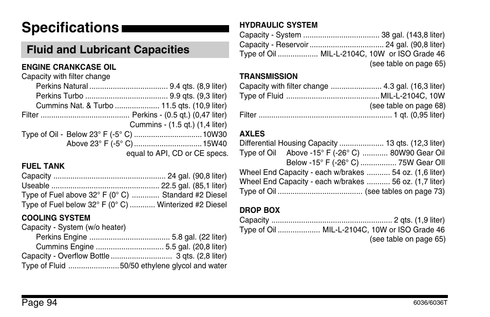 Specifications, Fluid and lubricant capacities | SkyTrak 6036 Operation Manual User Manual | Page 100 / 110