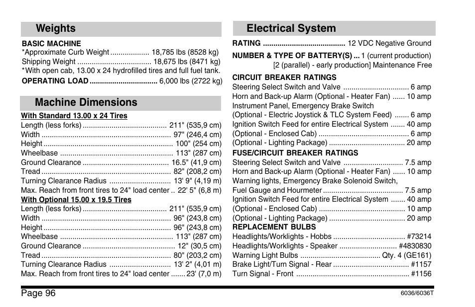 Electrical system, Machine dimensions, Weights | SkyTrak 6036 Operation Manual User Manual | Page 102 / 110