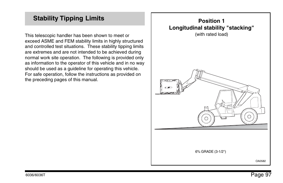 Stability tipping limits, Page 97, Position 1 longitudinal stability "stacking | SkyTrak 6036 Operation Manual User Manual | Page 103 / 110