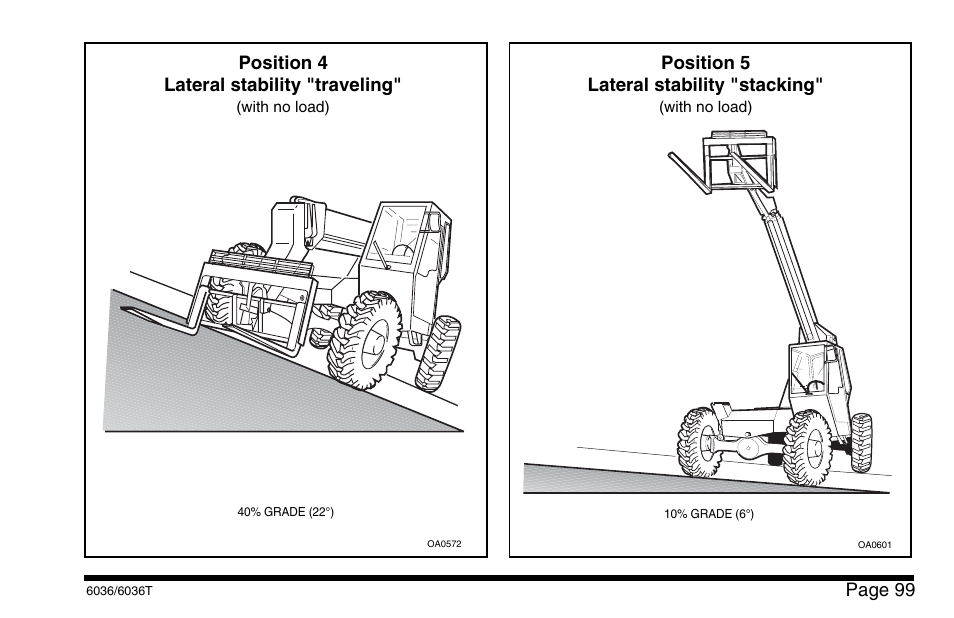 Page 99, Position 4 lateral stability "traveling, Position 5 lateral stability "stacking | SkyTrak 6036 Operation Manual User Manual | Page 105 / 110