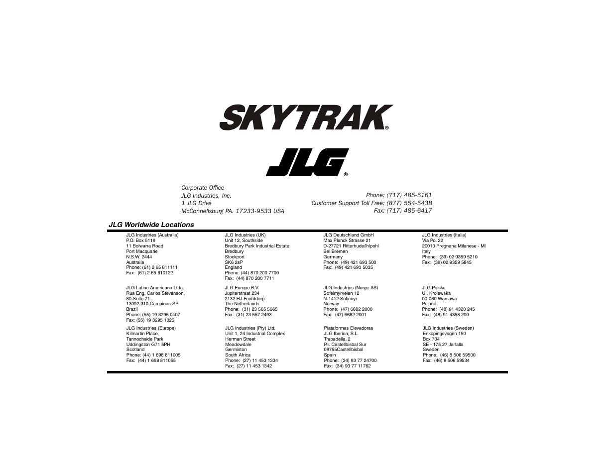 Jlg worldwide locations | SkyTrak 6036 Operation Manual User Manual | Page 110 / 110