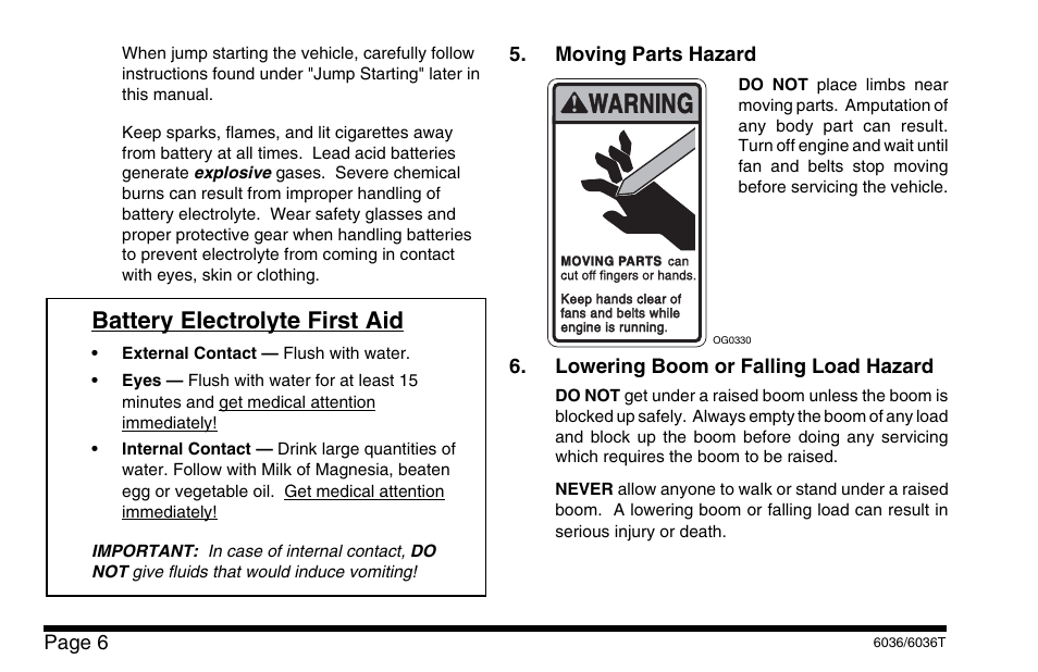 Warning, Battery electrolyte first aid | SkyTrak 6036 Operation Manual User Manual | Page 12 / 110