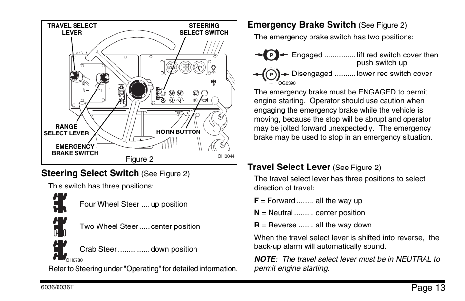 Page 13, Travel select lever, Emergency brake switch | Steering select switch | SkyTrak 6036 Operation Manual User Manual | Page 19 / 110