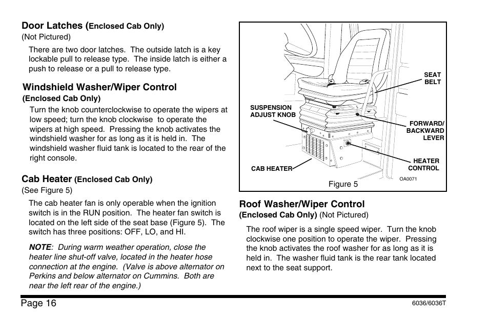 Page 16, Windshield washer/wiper control, Door latches | Cab heater, Roof washer/wiper control | SkyTrak 6036 Operation Manual User Manual | Page 22 / 110