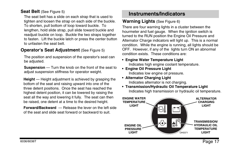 Instruments/indicators, Page 17, Seat belt | Operator's seat adjustment, Warning lights | SkyTrak 6036 Operation Manual User Manual | Page 23 / 110