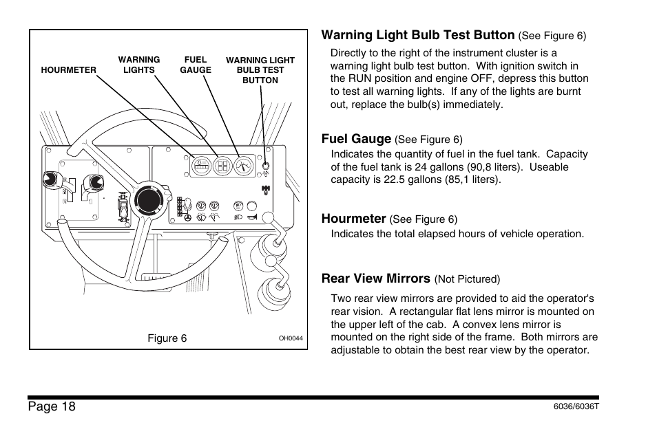 Page 18, Warning light bulb test button, Fuel gauge | Hourmeter, Rear view mirrors | SkyTrak 6036 Operation Manual User Manual | Page 24 / 110