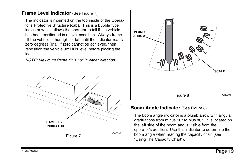 Page 19, Boom angle indicator, Frame level indicator | SkyTrak 6036 Operation Manual User Manual | Page 25 / 110