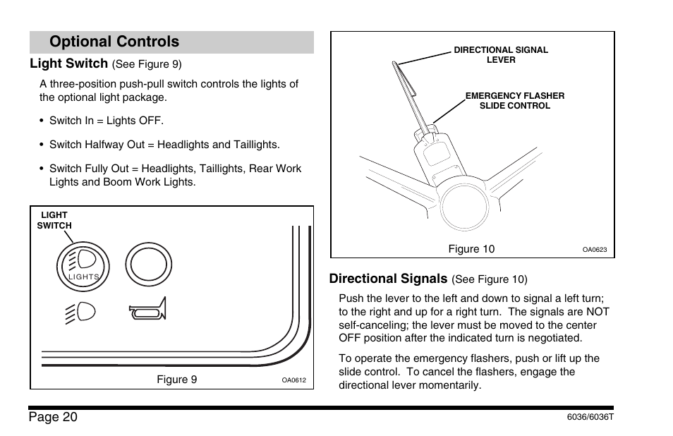 Optional controls, Page 20, Light switch | Directional signals | SkyTrak 6036 Operation Manual User Manual | Page 26 / 110