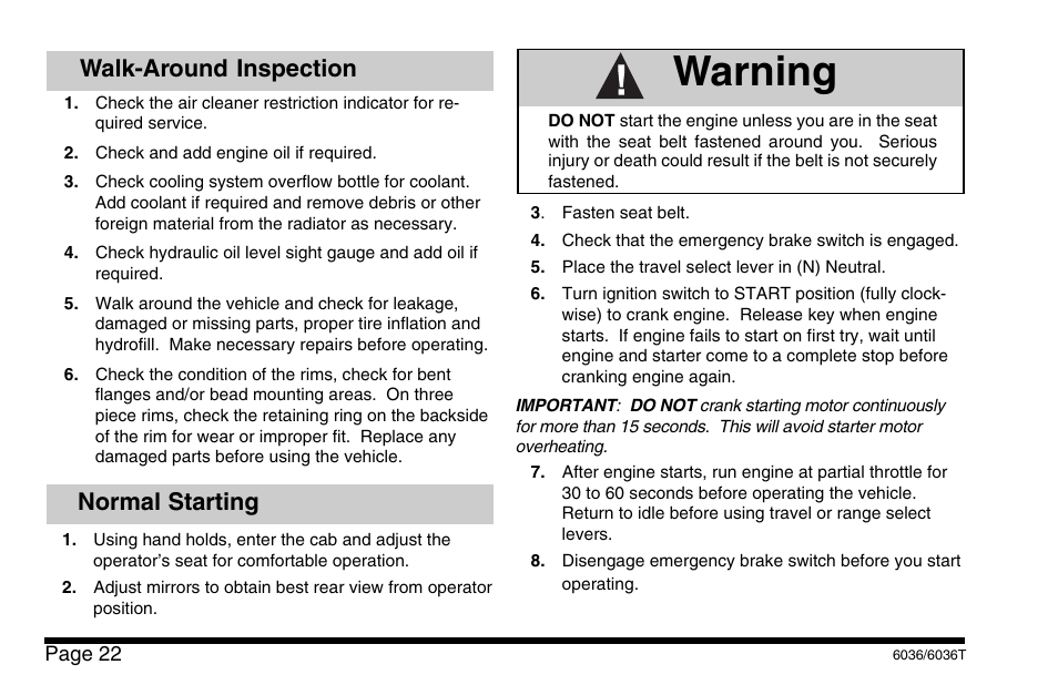 Warning, Normal starting, Walk-around inspection | SkyTrak 6036 Operation Manual User Manual | Page 28 / 110