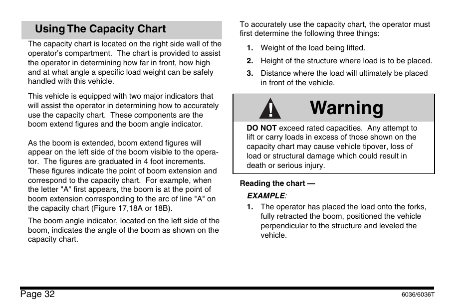 Warning, Using the capacity chart | SkyTrak 6036 Operation Manual User Manual | Page 38 / 110