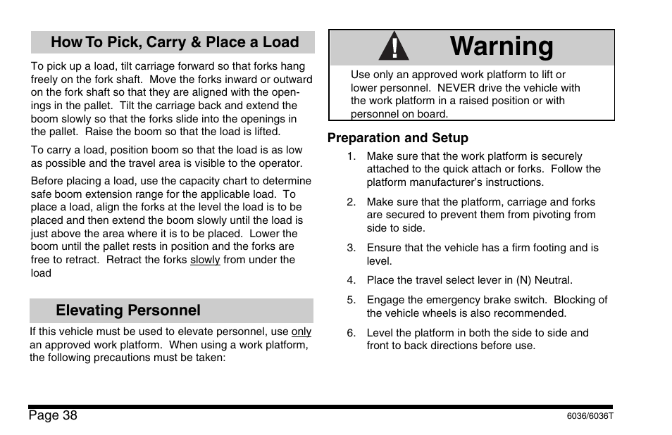 Warning, How to pick, carry & place a load, Elevating personnel | SkyTrak 6036 Operation Manual User Manual | Page 44 / 110
